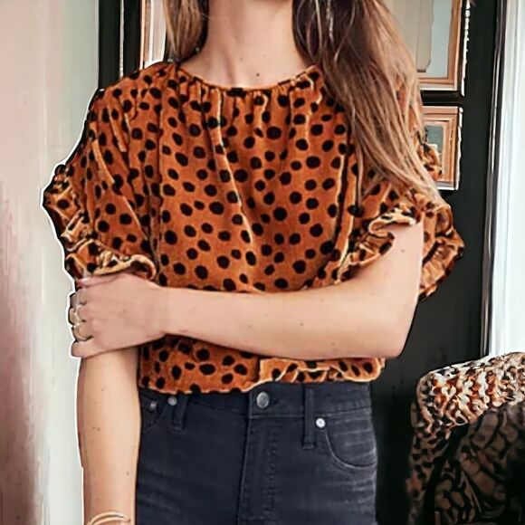 Madewell Velvet Memento Ruffle-Sleeve Top in Leopard Dot - Picture 1 of 12